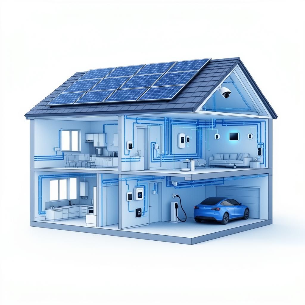 Vue en coupe d'une maison intelligente avec systèmes électriques et domotiques